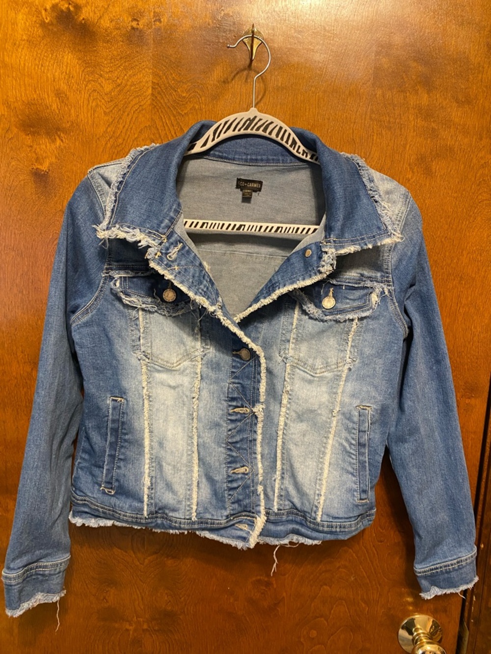 Coco + Carmen Distressed Light Blue Denim Jacket with Frayed Trim